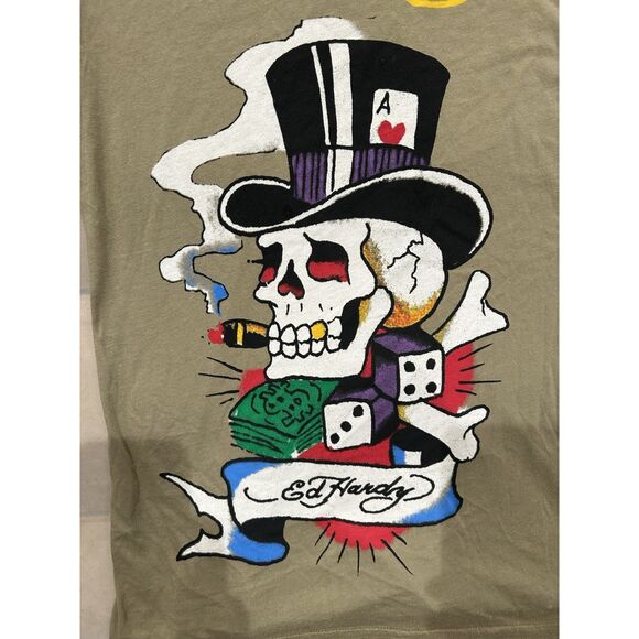 Ed Hardy Mens Medium Y2K Green Skull Cards T Shirt - Picture 2 of 11